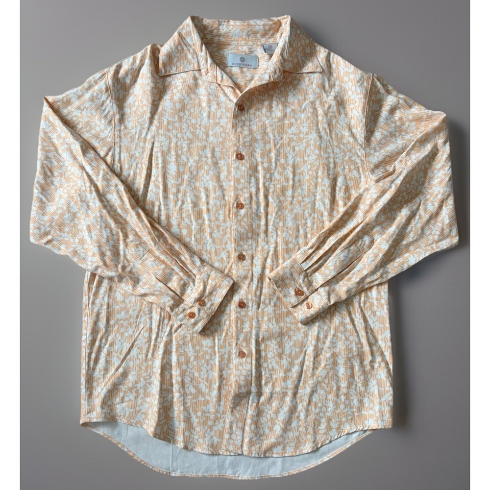 Bobby Chan Long Sleeve Button Up Shirt Orange Floral Pattern Silk Medium JBHS